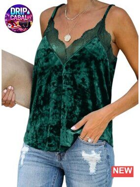 Velvet Lace Trim V Neck Tank Top Adjustable Straps Sleeveless Blouse